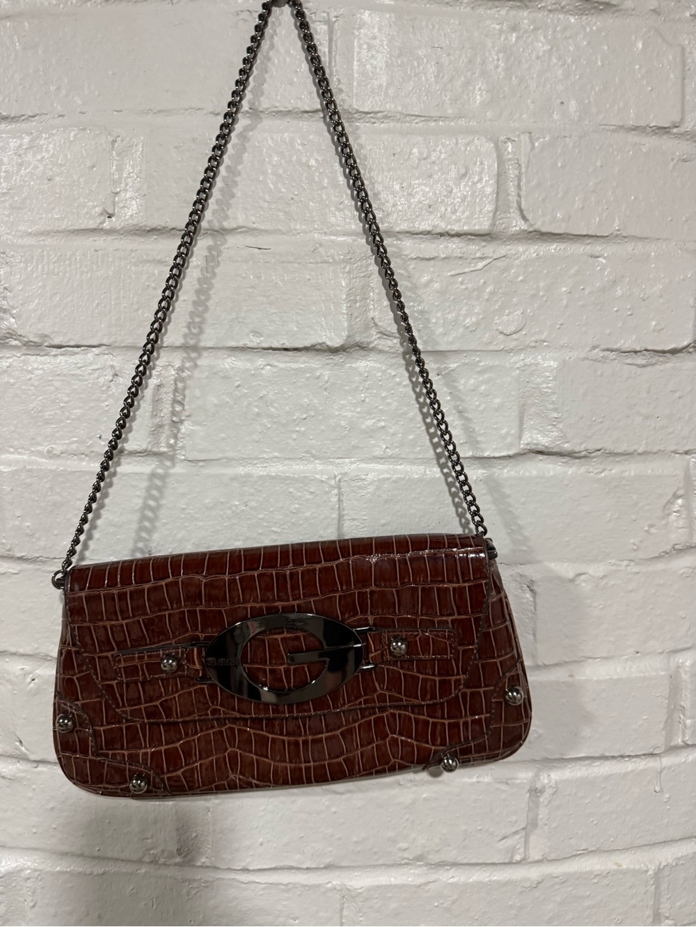 Guess Brown Croc-Texture Chain Shoulder Bag